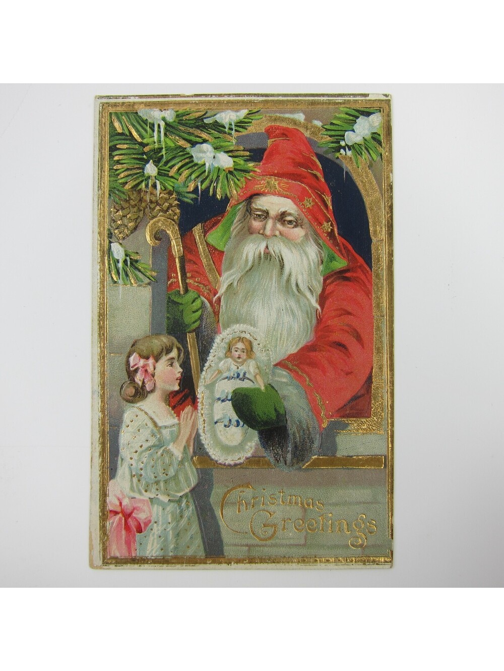 Vintage Christmas Postcard Old World Santa Gives Girl Doll Gold Embossed Antique